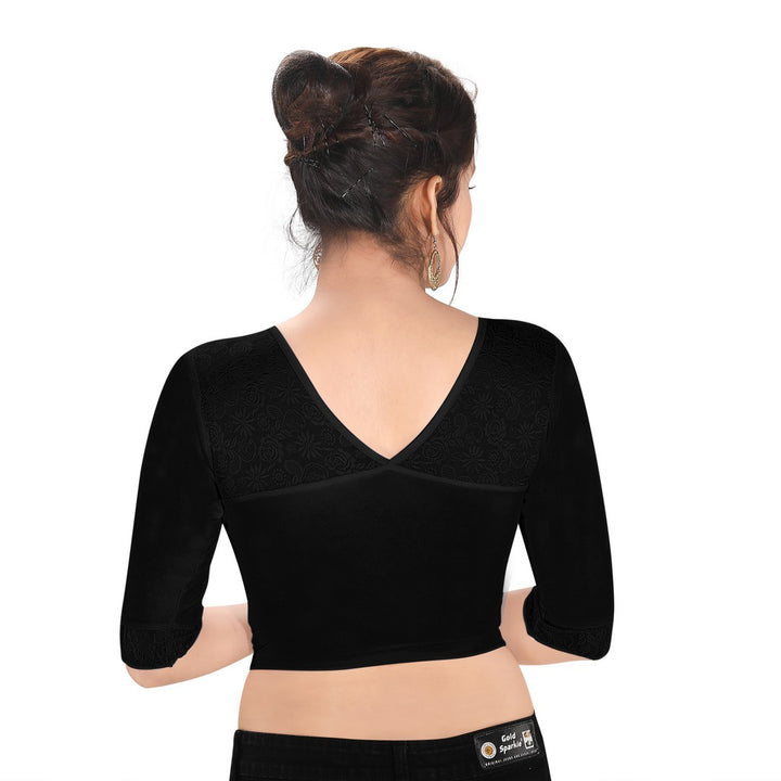 Designer Black Shimmer Non-Padded Stretchable Round Neck Elbow Sleeves Saree Blouse Crop Top (A-66-Black)
