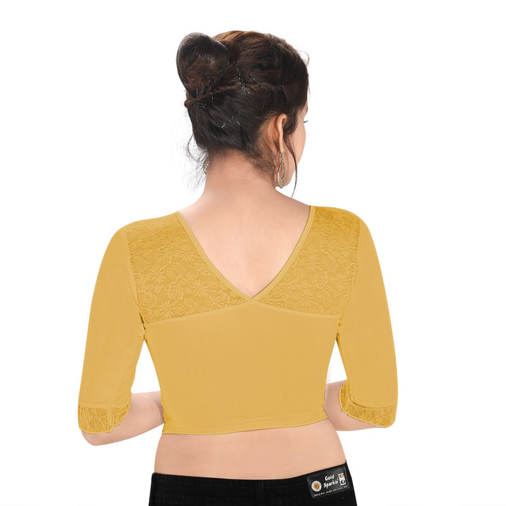 Designer Gold Shimmer Non-Padded Stretchable Round Neck Elbow Sleeves Saree Blouse Crop Top (A-66-Gold)
