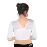 Designer Silver Shimmer Non-Padded Stretchable Round Neck Elbow Sleeves Saree Blouse Crop Top (A-66-Silver)
