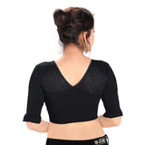 Designer Black Cotton Non-Padded Stretchable Round Neck Elbow Sleeves With Frills Saree Blouse Crop Top (A-67-Black)