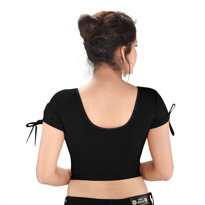 Designer Black Cotton Non-Padded Stretchable Round Neck Short Sleeves With Dori Saree Blouse Crop Top (A-70-Black)