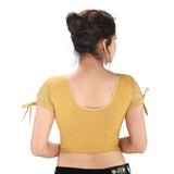 Designer Gold Non-Padded Stretchable Round Neck Short Sleeves With Dori Saree Blouse Crop Top (A-70-Gold)