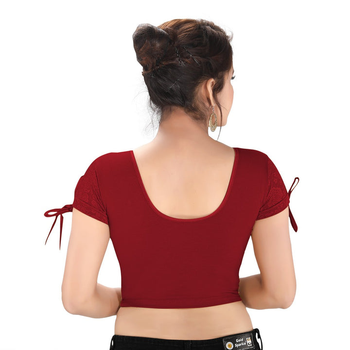 Designer Maroon Non-Padded Stretchable Round Neck Short Sleeves With Dori Saree Blouse Crop Top (A-70-Maroon)