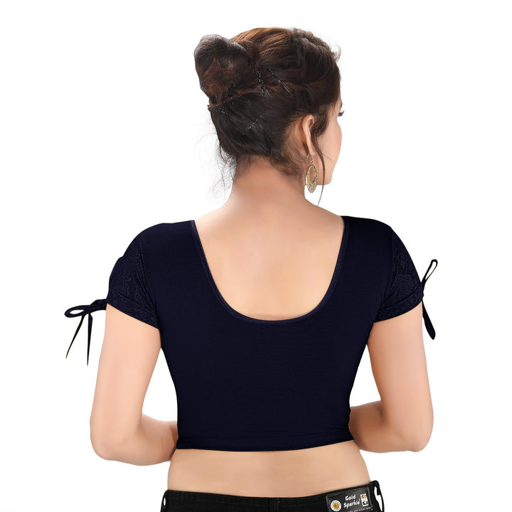 Designer Navy-Blue Non-Padded Stretchable Round Neck Short Sleeves With Dori Saree Blouse Crop Top (A-70-Navy-Blue)