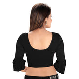 Designer Black Cotton Non-Padded Stretchable Round Neck Elbow Sleeves With Frills Saree Blouse Crop Top (A-72-Black)