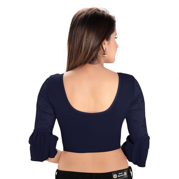Designer Navy-Blue Cotton Non-Padded Stretchable Round Neck Elbow Sleeves With Frills Saree Blouse Crop Top (A-72-Navy-Blue)