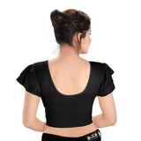 Designer Nylon Black Non-Padded Stretchable Round Neck Ruffle Sleeves Saree Blouse Crop Top (A-73-Black)