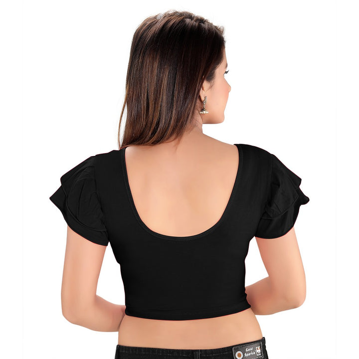 Designer Cotton Lycra Black Non-Padded Stretchable Round Neck Ruffle Sleeves Saree Blouse Crop Top (A-74-Black)