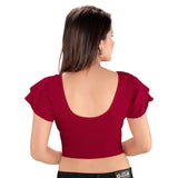 Designer Cotton Lycra Maroon Non-Padded Stretchable Round Neck Ruffle Sleeves Saree Blouse Crop Top (A-74-Maroon)