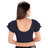 Designer Cotton Lycra Navy-Blue Non-Padded Stretchable Round Neck Ruffle Sleeves Saree Blouse Crop Top (A-74-Navy-Blue)