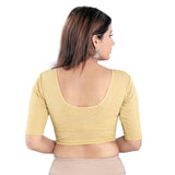 Designer Gold Lycra Non-Padded Stretchable Round Neck Elbow Sleeve Saree Blouse Crop Top (A-81-Gold)