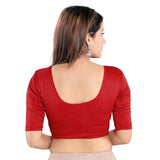 Designer Red Lycra Non-Padded Stretchable Round Neck Elbow Sleeve Saree Blouse Crop Top (A-81-Red)