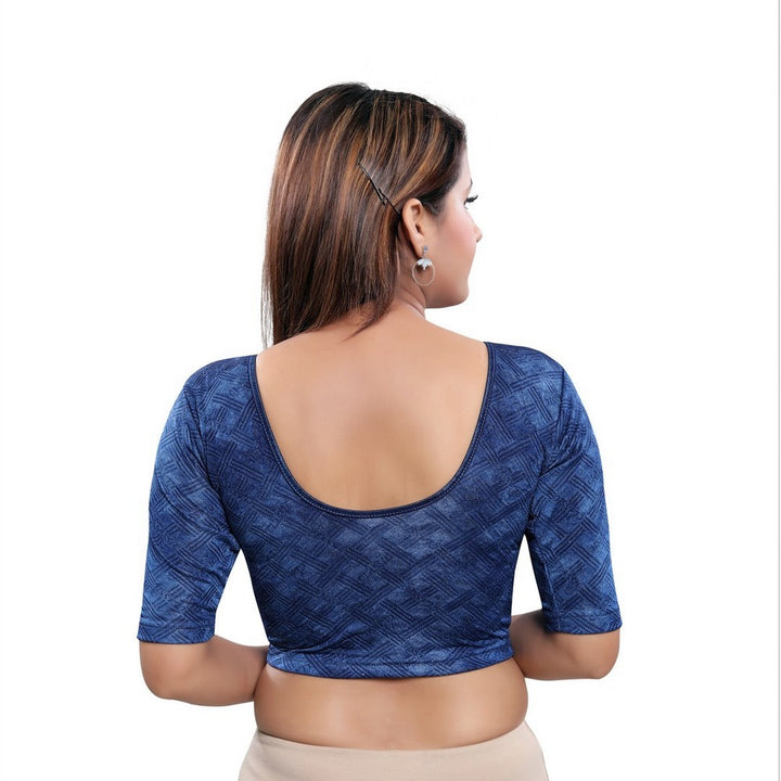 Designer Velvet Blue Non-Padded Stretchable Round-Neck Elbow Sleeves Saree Blouse Crop Top (A-82-Blue)