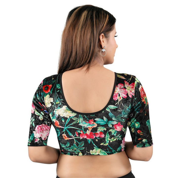 Designer Velvet Black Floral Print Non-Padded Stretchable Round Neck Elbow Sleeves Saree Blouse Crop Top (A-85ELB-Black)