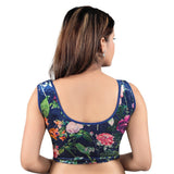Designer Navy-Blue Velvet Floral Print Non-Padded Stretchable Round Neck Sleeveless Saree Blouse Crop Top (A-85NS-Navy-Blue)