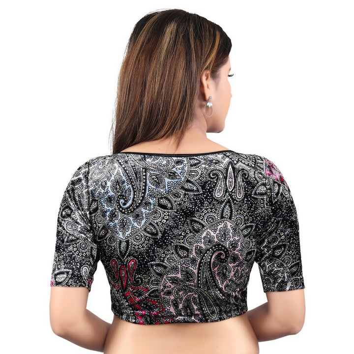 Designer Velvet Black Paisley Print Non-Padded Stretchable High-Neck Elbow Sleeves Saree Blouse Crop Top (A-88ELB-Black)