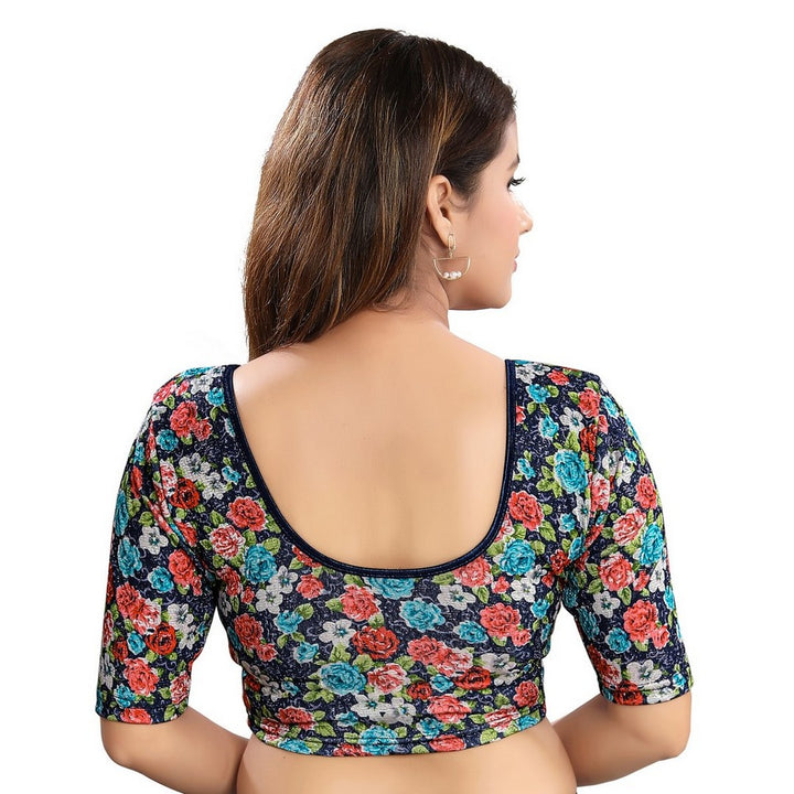 Designer Lycra Navy-Blue Flower Print Non-Padded Stretchable Round-Neck Elbow Sleeves Saree Blouse Crop Top (A-91-Navy-Blue)