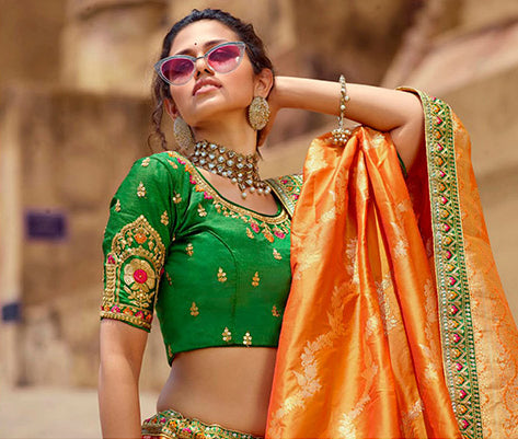 Prepossessing Green and Orange Lehenga Choli-  SNT11024