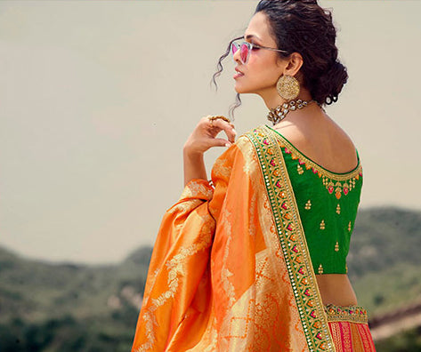 Prepossessing Green and Orange Lehenga Choli-  SNT11024