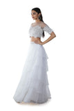 Snow White Scalloped Yoke Feather & Pearls Hand Embroidered Blouse with a 5 Layer Lehenga