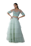 Sea Green Scalloped Yoke Feather & Pearls Hand Embroidered Blouse with a 5 Layer Lehenga