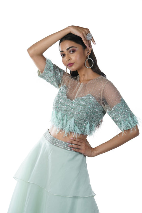 Sea Green Scalloped Yoke Feather & Pearls Hand Embroidered Blouse with a 5 Layer Lehenga