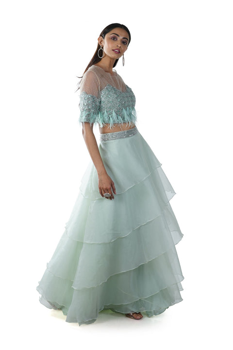 Sea Green Scalloped Yoke Feather & Pearls Hand Embroidered Blouse with a 5 Layer Lehenga