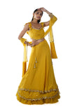Mustard Yellow Mirror Embroidery Blouse paired with a Double Layered Ruffle Lehenga & Tassel Dupatta