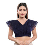 Trendy Navy Blue Designer Indian Saree Blouse Choli with V-Neck (B-01NS-Navy Blue)