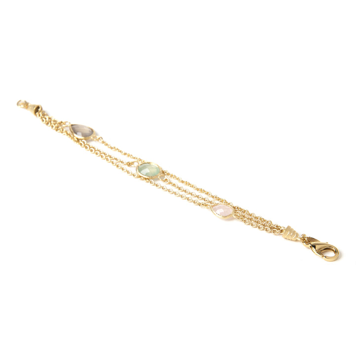 Rivka Friedman 18K Gold Clad Multiple Row Petite 3 Station Faceted Rose Quartz-New Jade-Grey Chalcedony Bracelet