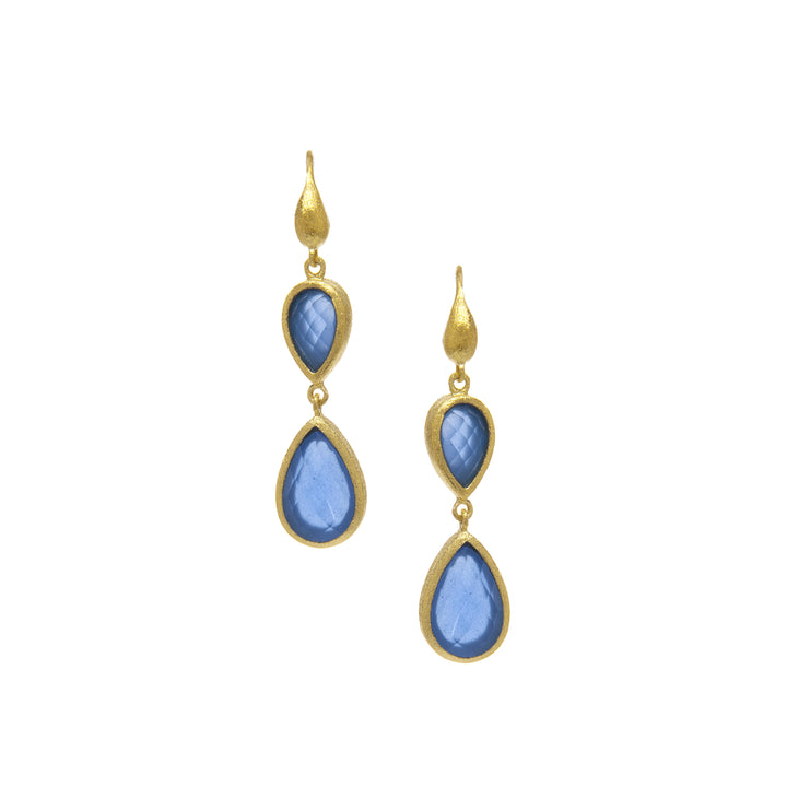 Rivka Friedman 18K Gold Clad Inverted Teardrop Faceted Blue Chalcedony Crystal Satin Earrings