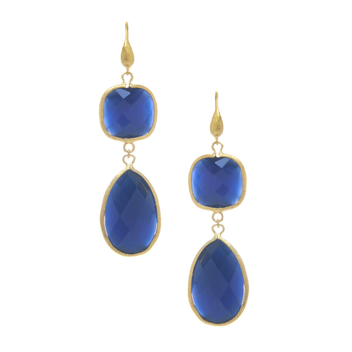 Rivka Friedman 18K Gold Clad Bold Navy Blue Cat's Eye Crystal Double Dangle Earrings