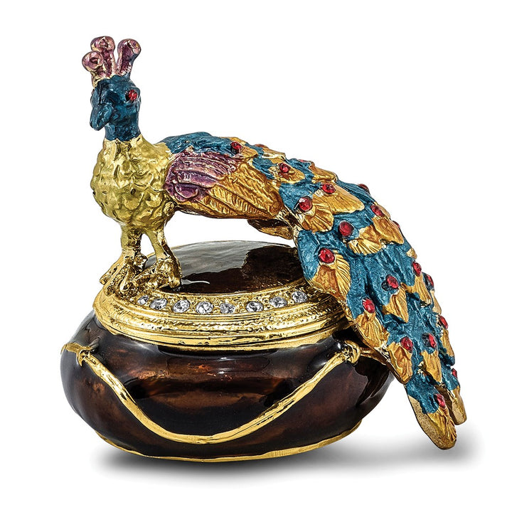 Bejeweled Peacock Atop Trinket Box with Charm Pendant