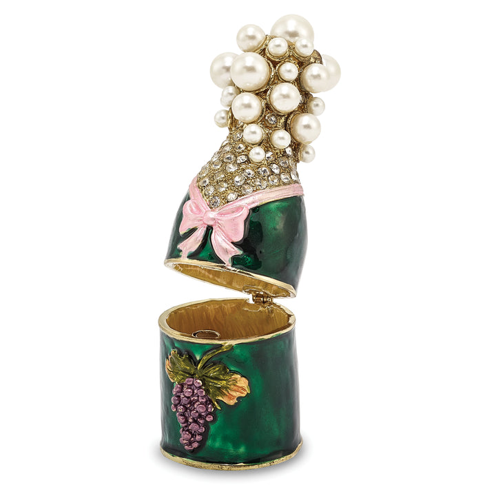 Bejeweled Champagne Bottle Trinket Box with Charm Pendant