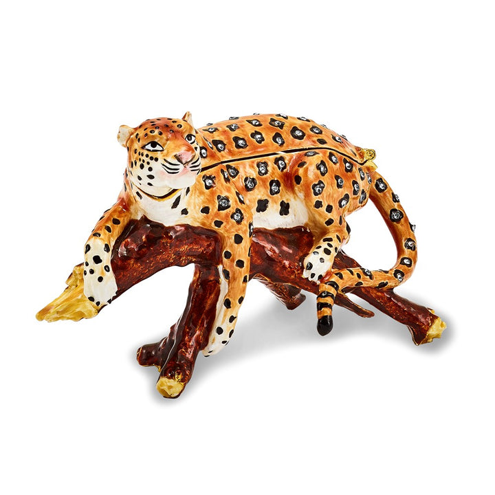 Bejeweled Leopard in Tree Trinket Box with Charm Pendant
