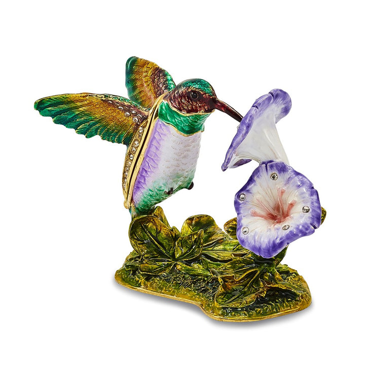 Bejeweled Hummingbird & Flower Trinket Box with Charm Pendant
