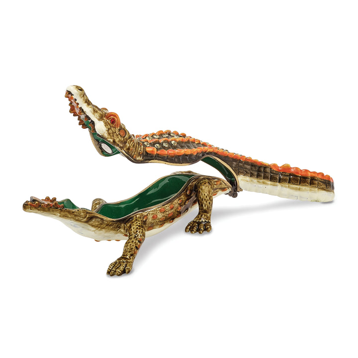 Bejeweled Green Alligator Trinket Box with Charm Pendant