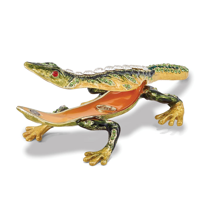 Bejeweled Rain Forest Lizard Trinket Box with Charm Pendant