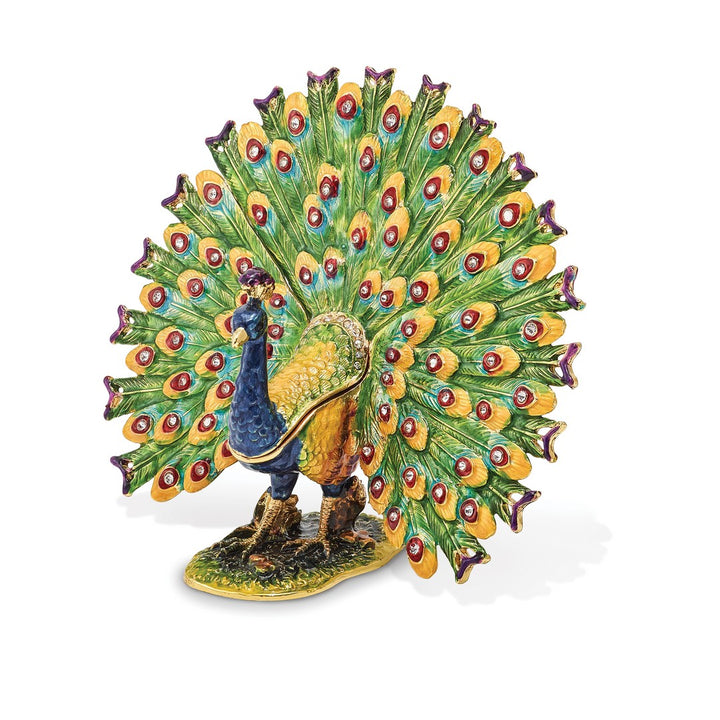 Bejeweled Proud Peacock Trinket Box with Charm Pendant