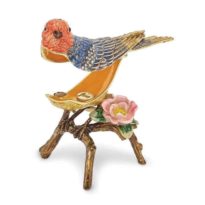 Bejeweled Colorful Bird & Flower Trinket Box with Charm Pendant