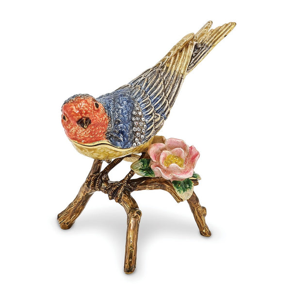 Bejeweled Colorful Bird & Flower Trinket Box with Charm Pendant