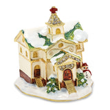Bejeweled Winter Church Trinket Box with Charm Pendant
