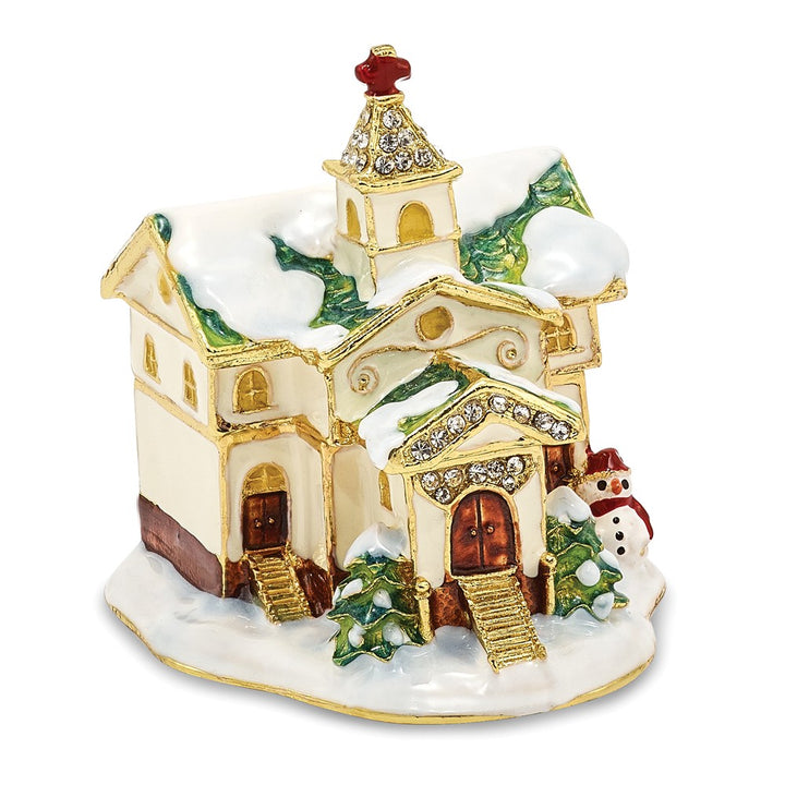 Bejeweled Winter Church Trinket Box with Charm Pendant