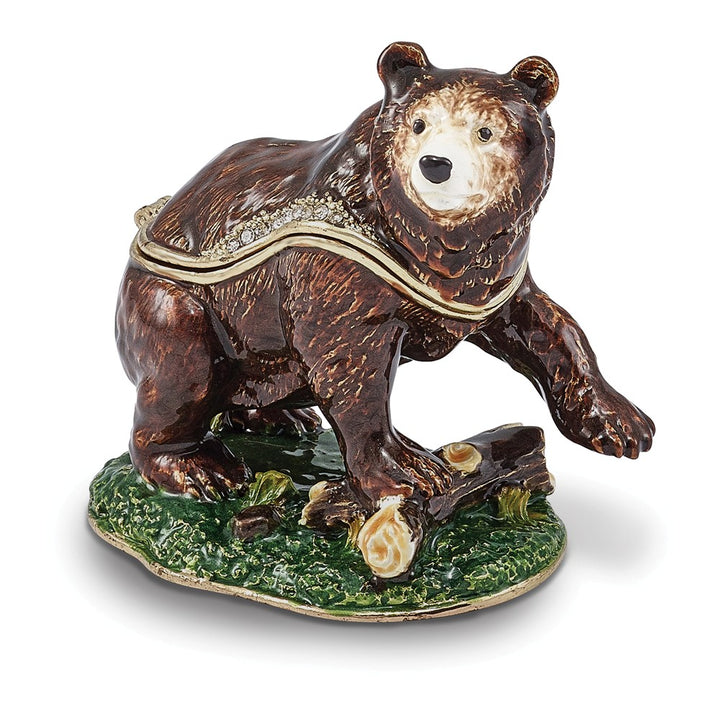 Bejeweled Kodiak Bear Trinket Box with Charm Pendant