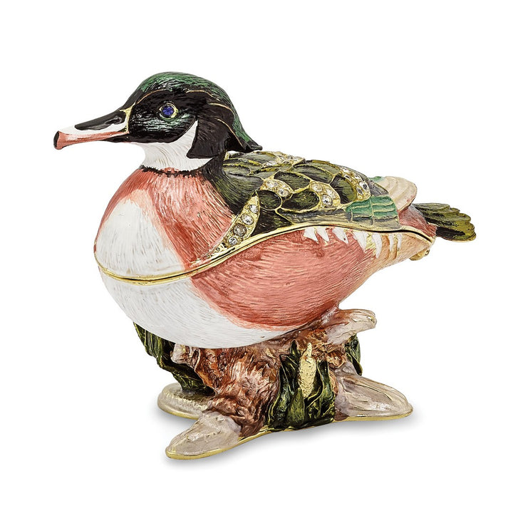 Bejeweled Wood Duck Trinket Box with Charm Pendant