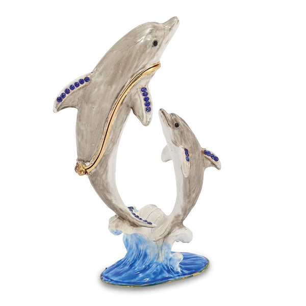 Bejeweled Mother & Baby Dolphin Trinket Box with Charm Pendant