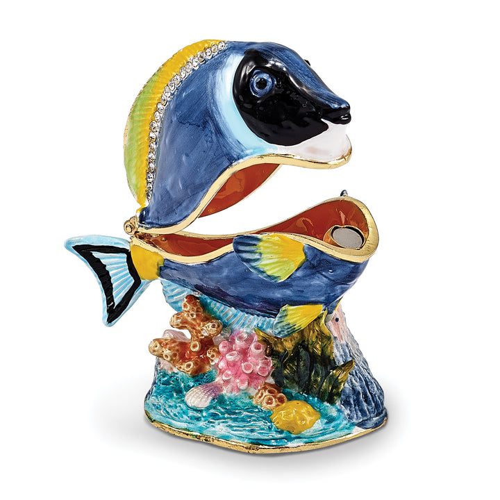 Bejeweled Blue Tang Fish Trinket Box with Charm Pendant