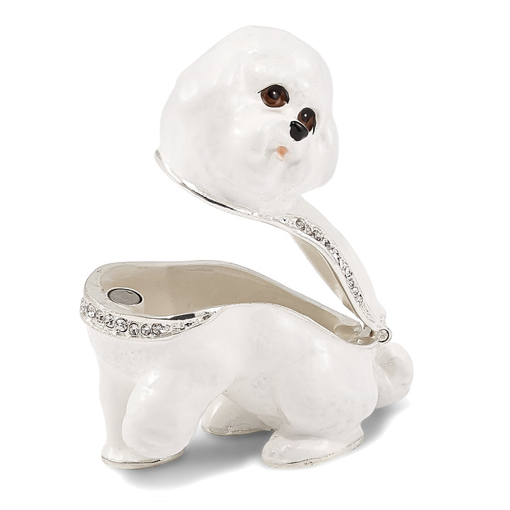 Bejeweled White Bichon Frise Dog Trinket Box with Charm Pendant