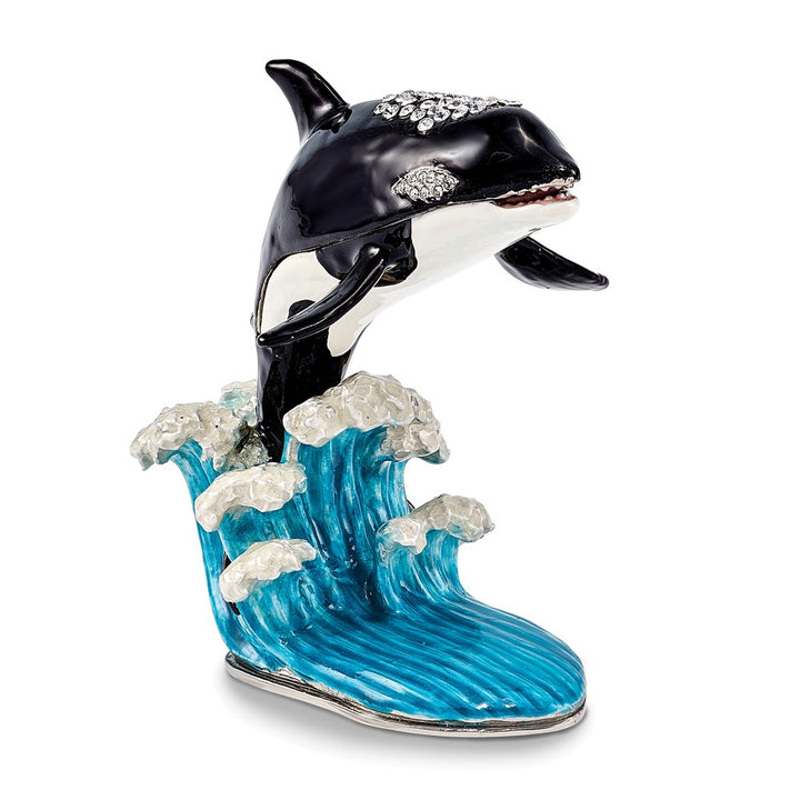 Bejeweled Orca on Wave Trinket Box with Charm Pendant
