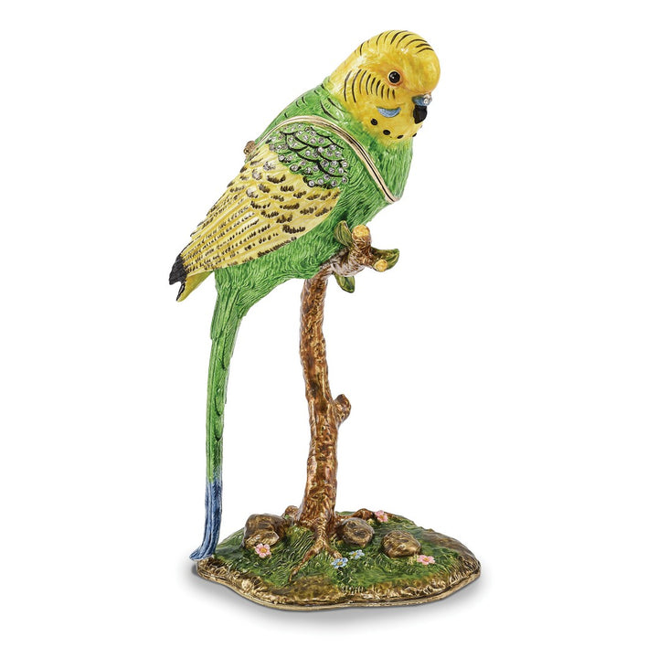Bejeweled Large Parrot On Branch Trinket Box with Charm Pendant